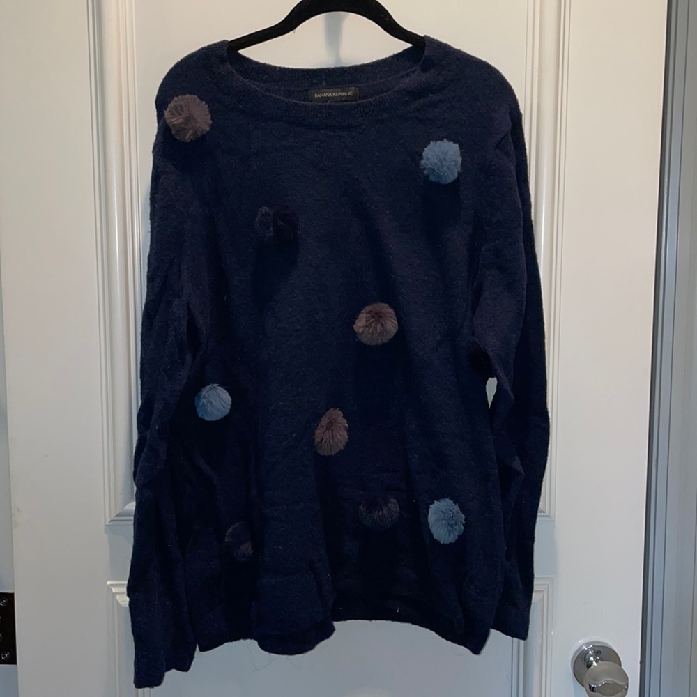 Blue Sweater with Pom Pom Fur Balls